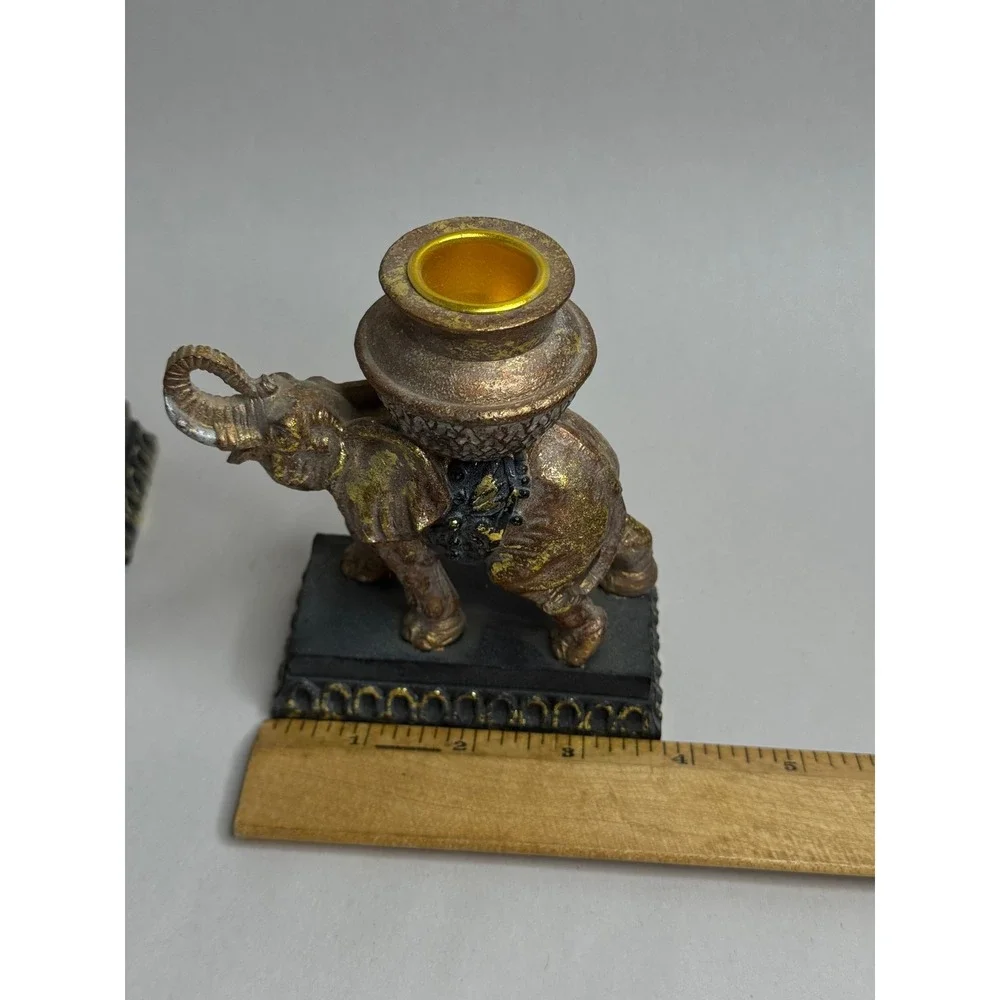 Vintage Elephant Candlestick Holders Pair Ornate Gold Black‎ Resin